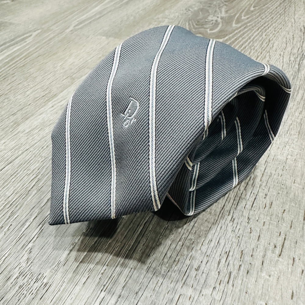 Christian Dior Mens Grey Striped Silk Blend Necktie Paris New York Skinny Tie